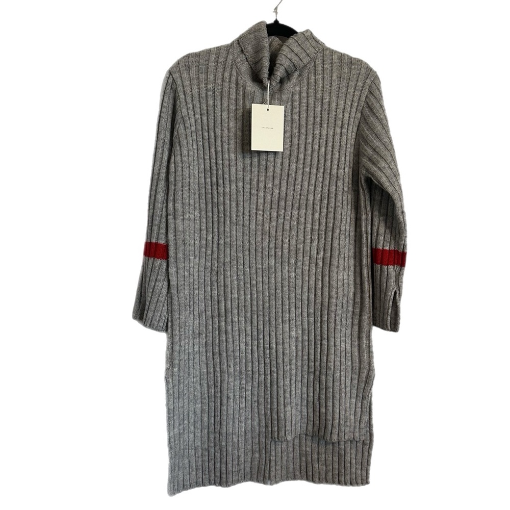 Avantlook Gray Ribbed Turtleneck Sweater Dress with Red Stripes